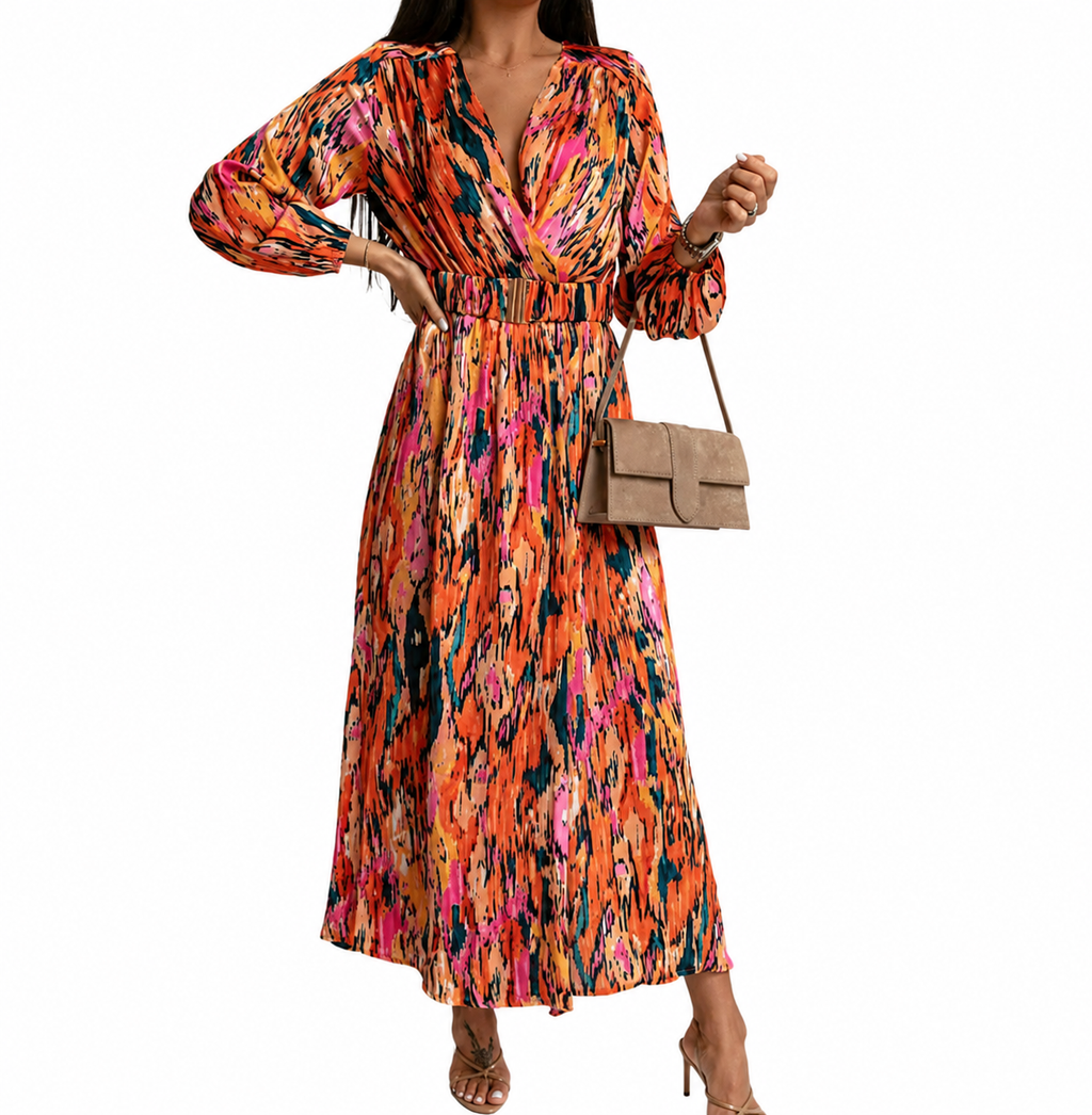 Vintage Floral Print Dress – Belted V-Neck Maxi with High Split