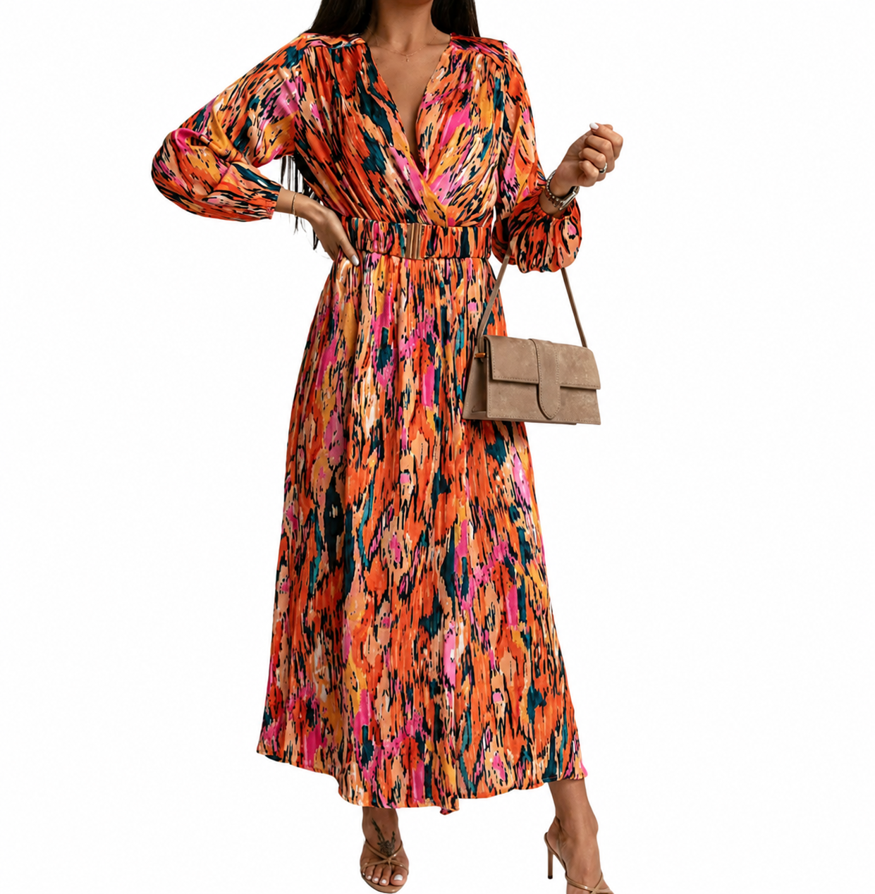 Vintage Floral Print Dress – Belted V-Neck Maxi with High Split