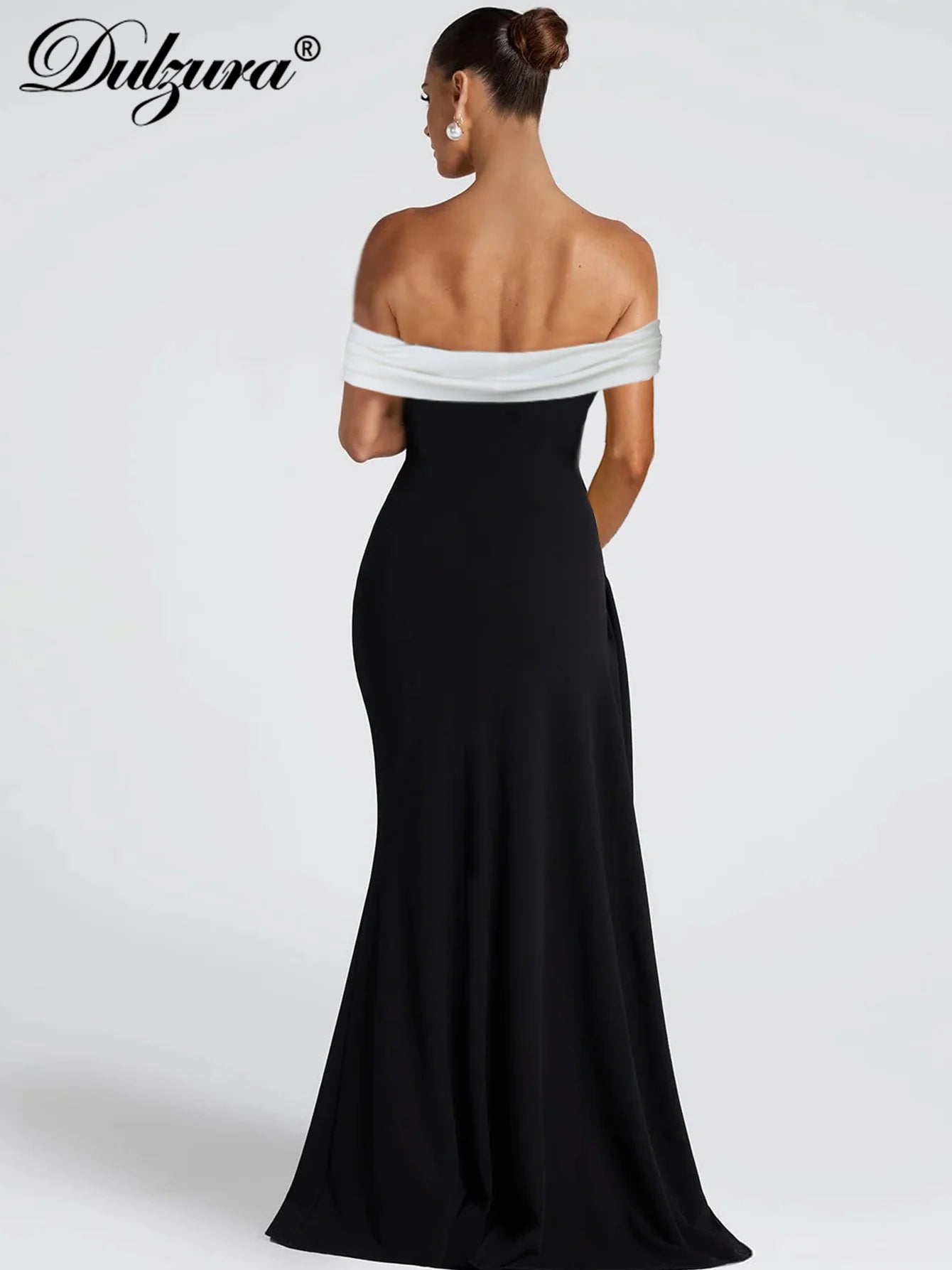 Dulzura Women's Slim Fit Maxi Dress – Off Shoulder Backless, Side Slit, Club & Party Wear Fashion Off Shoulder Backless Ruched Side Slit Slim Patchwork Long Dress Women'S Sexy Elegant Party Club Clothes