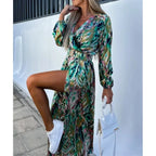 Vintage Floral Print Dress – Belted V-Neck Maxi with High Split