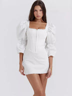 Women's Puff Sleeve Corset Dress – Slim Fit Square Neck Mini Dress, White