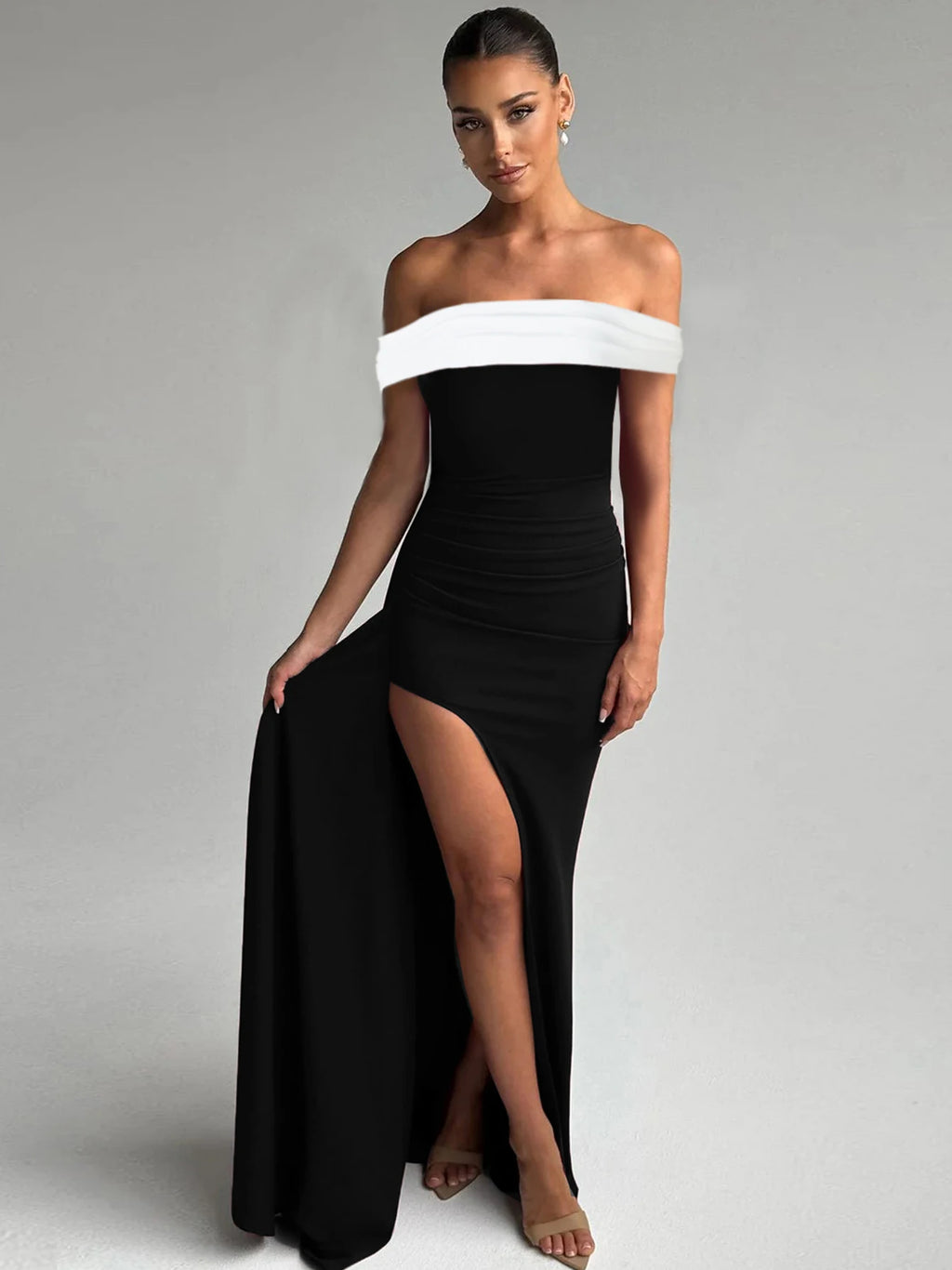 Dulzura Women's Slim Fit Maxi Dress – Off Shoulder Backless, Side Slit, Club & Party Wear Fashion Off Shoulder Backless Ruched Side Slit Slim Patchwork Long Dress Women'S Sexy Elegant Party Club Clothes