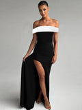 Dulzura Women's Slim Fit Maxi Dress – Off Shoulder Backless, Side Slit, Club & Party Wear Fashion Off Shoulder Backless Ruched Side Slit Slim Patchwork Long Dress Women'S Sexy Elegant Party Club Clothes