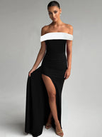 Dulzura Women's Slim Fit Maxi Dress – Off Shoulder Backless, Side Slit, Club & Party Wear Fashion Off Shoulder Backless Ruched Side Slit Slim Patchwork Long Dress Women'S Sexy Elegant Party Club Clothes