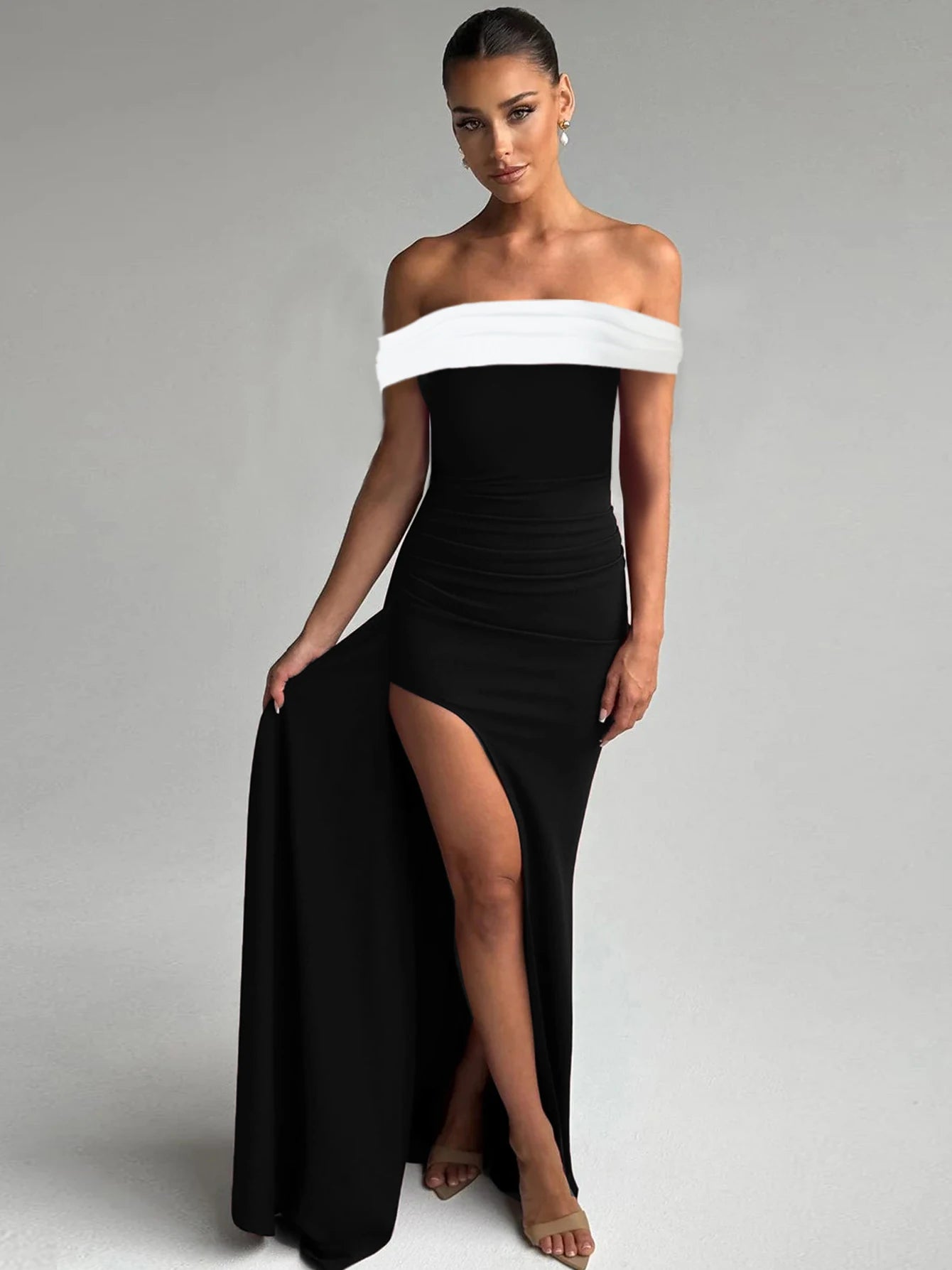 Dulzura Women's Slim Fit Maxi Dress – Off Shoulder Backless, Side Slit, Club & Party Wear Fashion Off Shoulder Backless Ruched Side Slit Slim Patchwork Long Dress Women'S Sexy Elegant Party Club Clothes