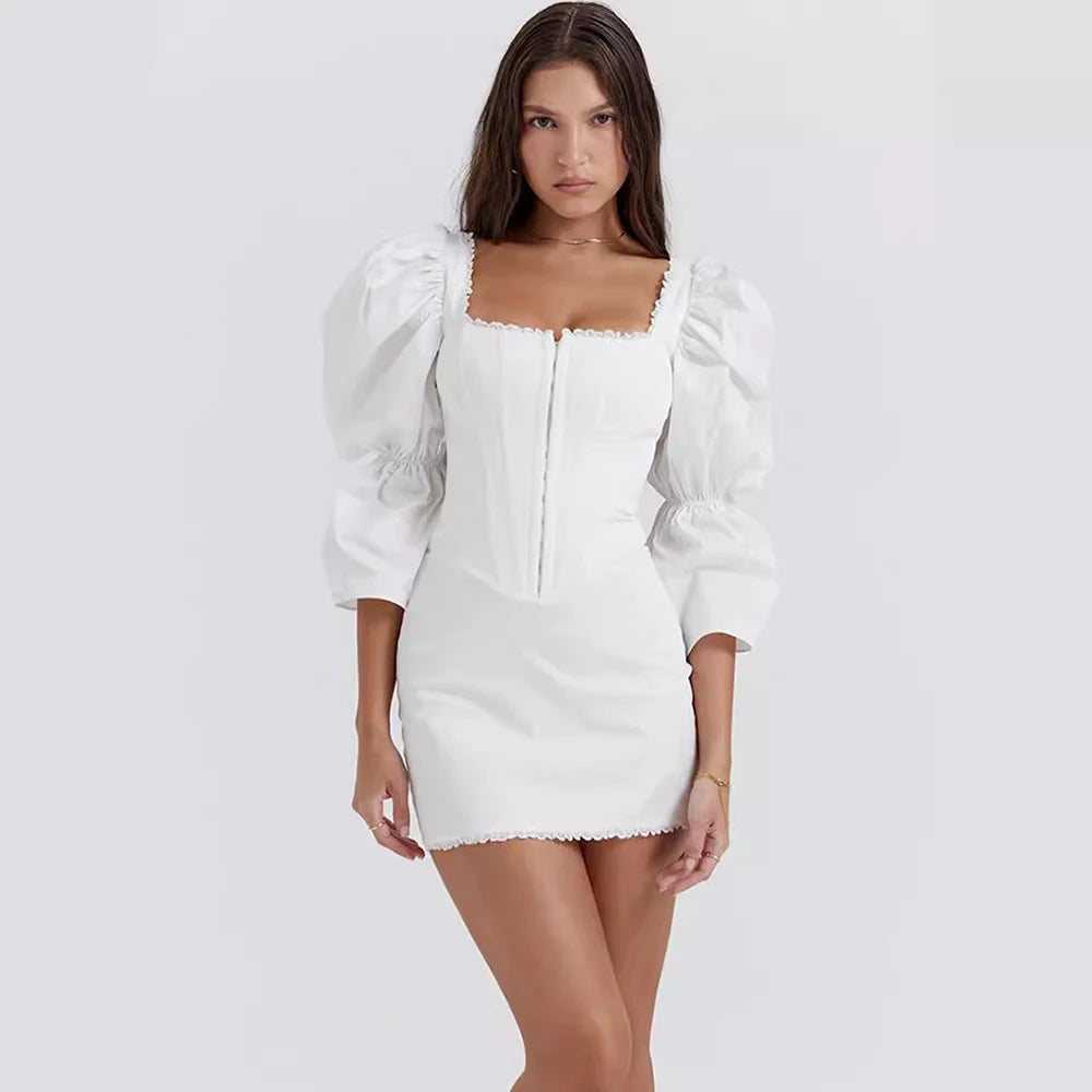 Women's Puff Sleeve Corset Dress – Slim Fit Square Neck Mini Dress, White