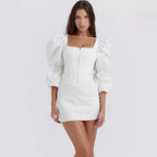 Women's Puff Sleeve Corset Dress – Slim Fit Square Neck Mini Dress, White