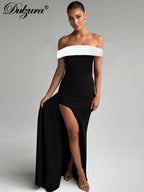 Dulzura Women's Slim Fit Maxi Dress – Off Shoulder Backless, Side Slit, Club & Party Wear Fashion Off Shoulder Backless Ruched Side Slit Slim Patchwork Long Dress Women'S Sexy Elegant Party Club Clothes