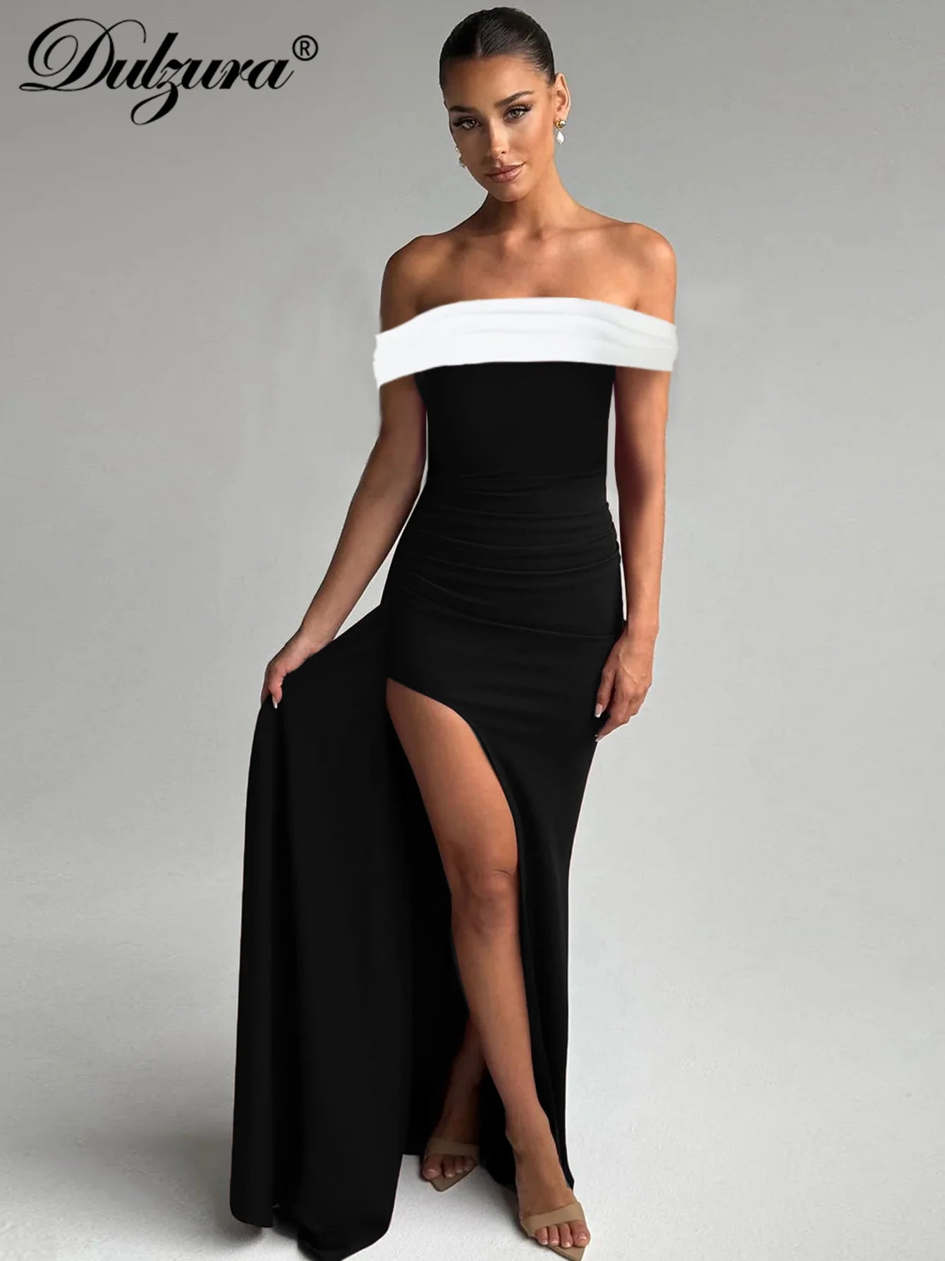 Dulzura Women's Slim Fit Maxi Dress – Off Shoulder Backless, Side Slit, Club & Party Wear Fashion Off Shoulder Backless Ruched Side Slit Slim Patchwork Long Dress Women'S Sexy Elegant Party Club Clothes