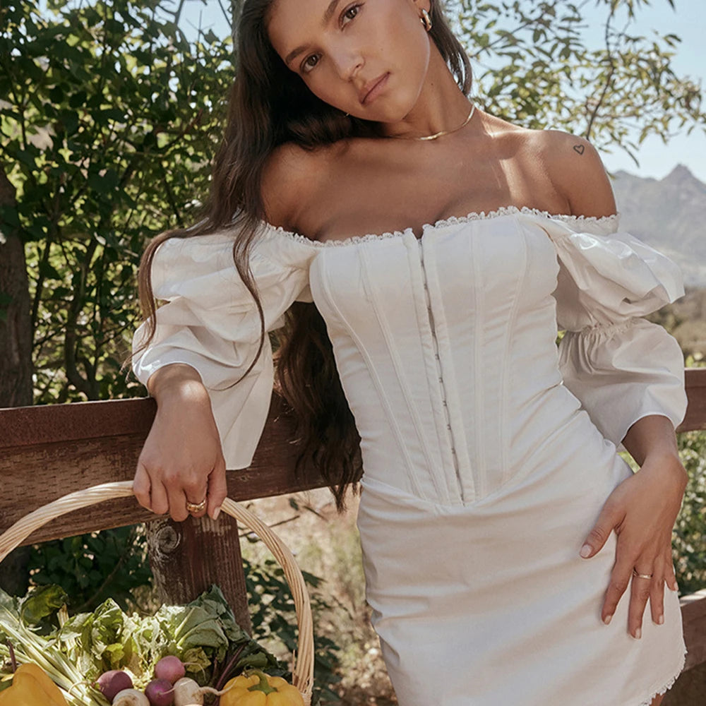 Women's Puff Sleeve Corset Dress – Slim Fit Square Neck Mini Dress, White