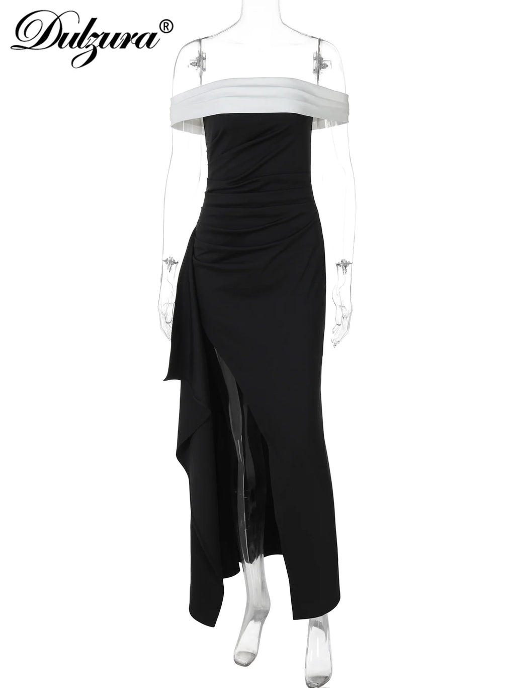 Dulzura Women's Slim Fit Maxi Dress – Off Shoulder Backless, Side Slit, Club & Party Wear Fashion Off Shoulder Backless Ruched Side Slit Slim Patchwork Long Dress Women'S Sexy Elegant Party Club Clothes