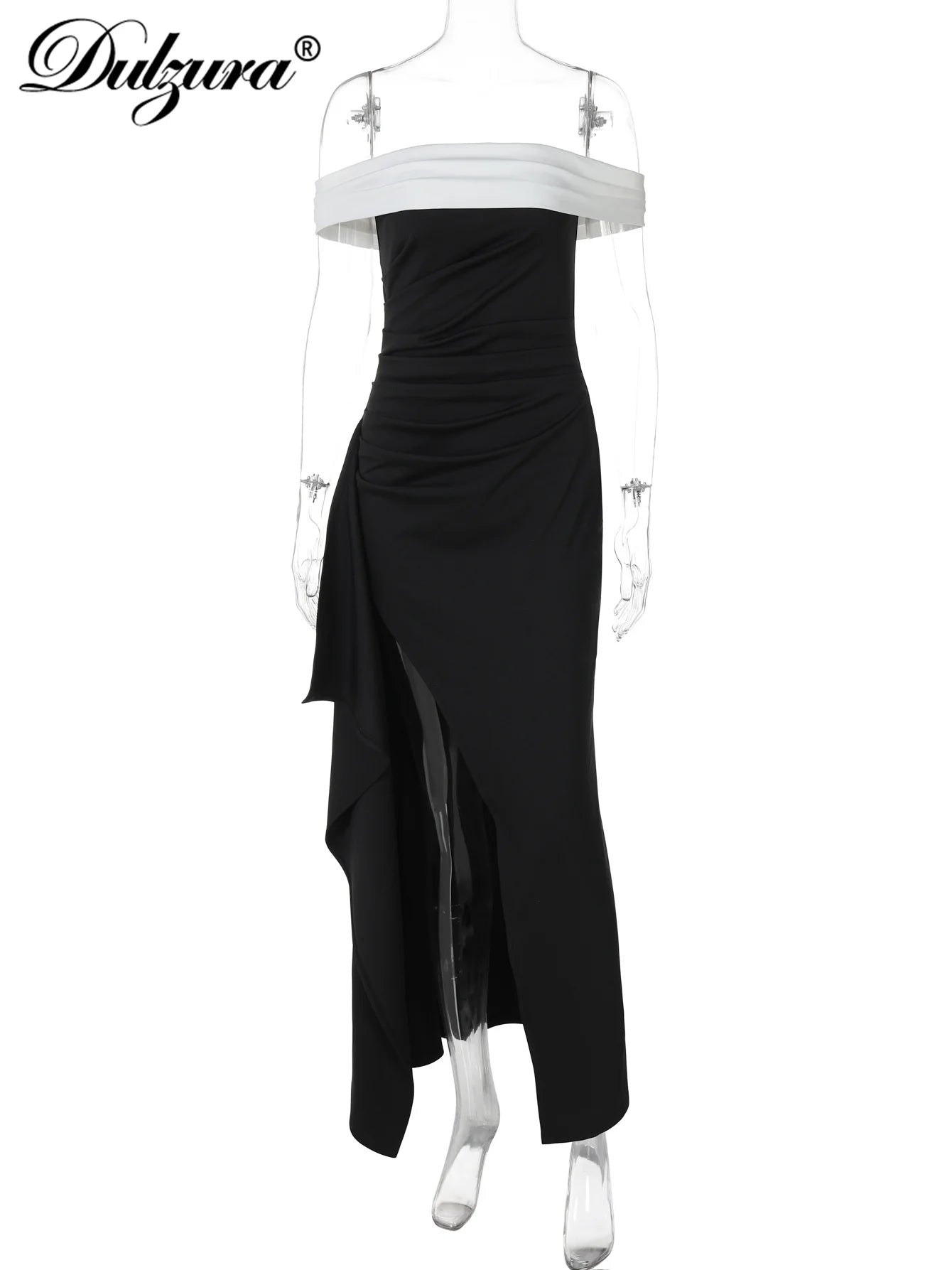 Dulzura Women's Slim Fit Maxi Dress – Off Shoulder Backless, Side Slit, Club & Party Wear Fashion Off Shoulder Backless Ruched Side Slit Slim Patchwork Long Dress Women'S Sexy Elegant Party Club Clothes