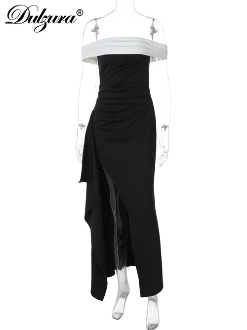 Dulzura Women's Slim Fit Maxi Dress – Off Shoulder Backless, Side Slit, Club & Party Wear Fashion Off Shoulder Backless Ruched Side Slit Slim Patchwork Long Dress Women'S Sexy Elegant Party Club Clothes