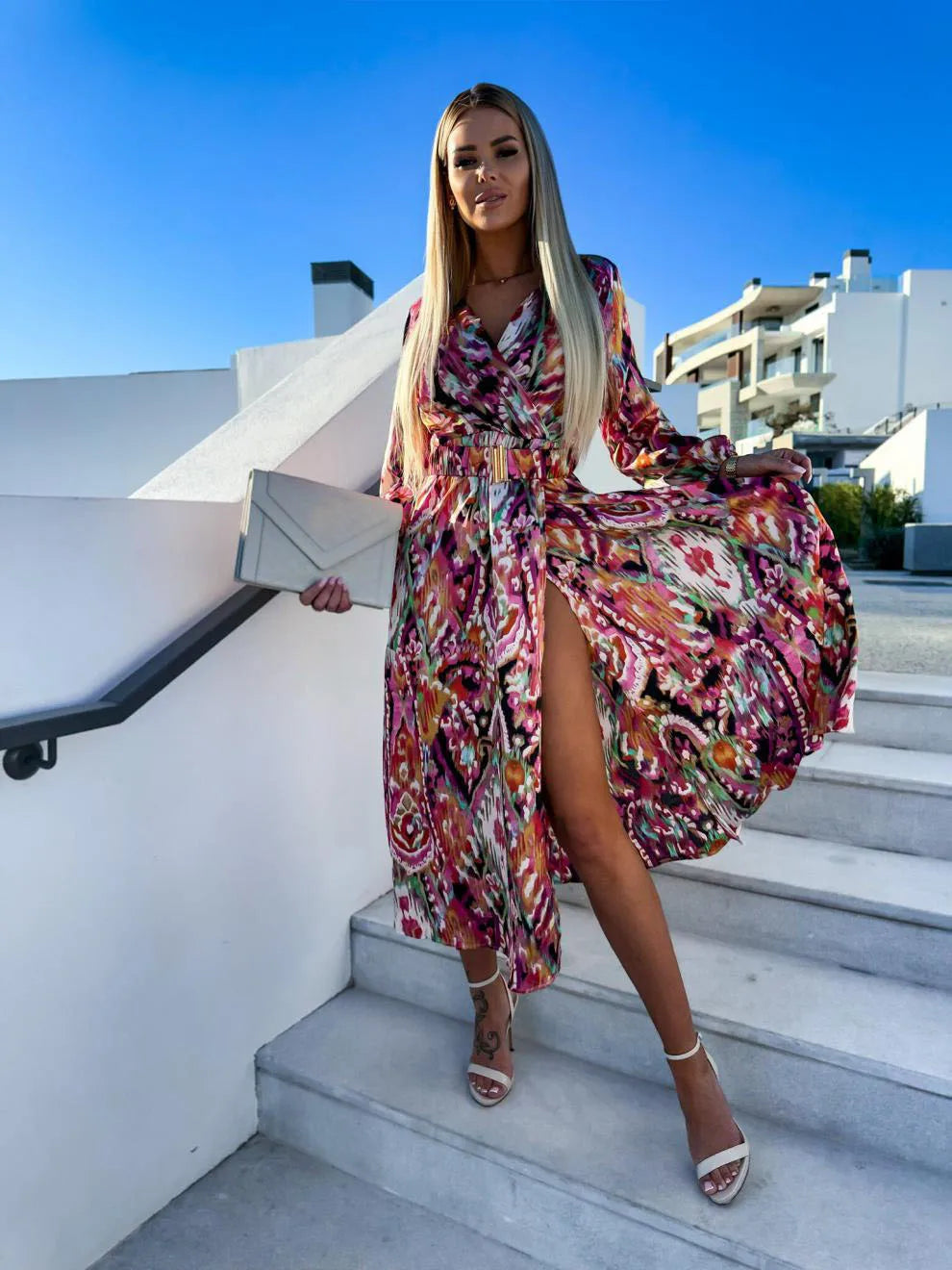 Vintage Floral Print Dress – Belted V-Neck Maxi with High Split