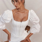 Women's Puff Sleeve Corset Dress – Slim Fit Square Neck Mini Dress, White