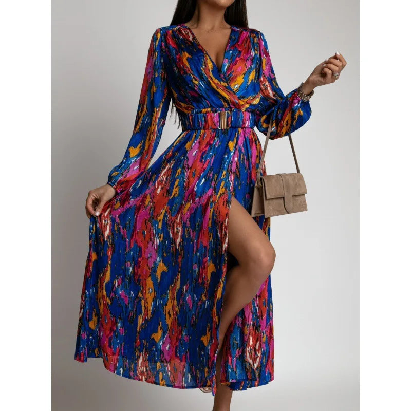 Vintage Floral Print Dress – Belted V-Neck Maxi with High Split
