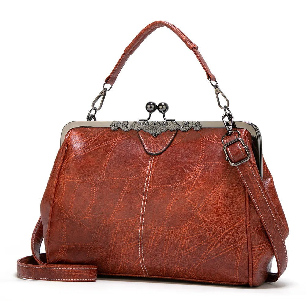 Vintage PU Leather Handbag for Women – Chic Shoulder & Crossbody Tote Bag with Rotating Clasp