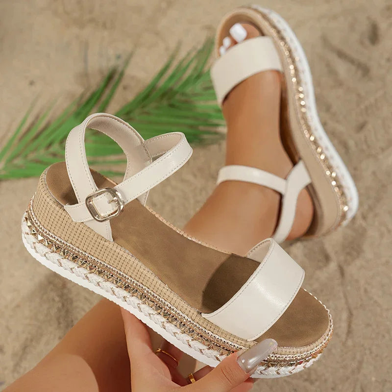 Women's Chunky Platform Sandals – Open Toe Rivet Wedges, Plus Size, Ankle Buckle