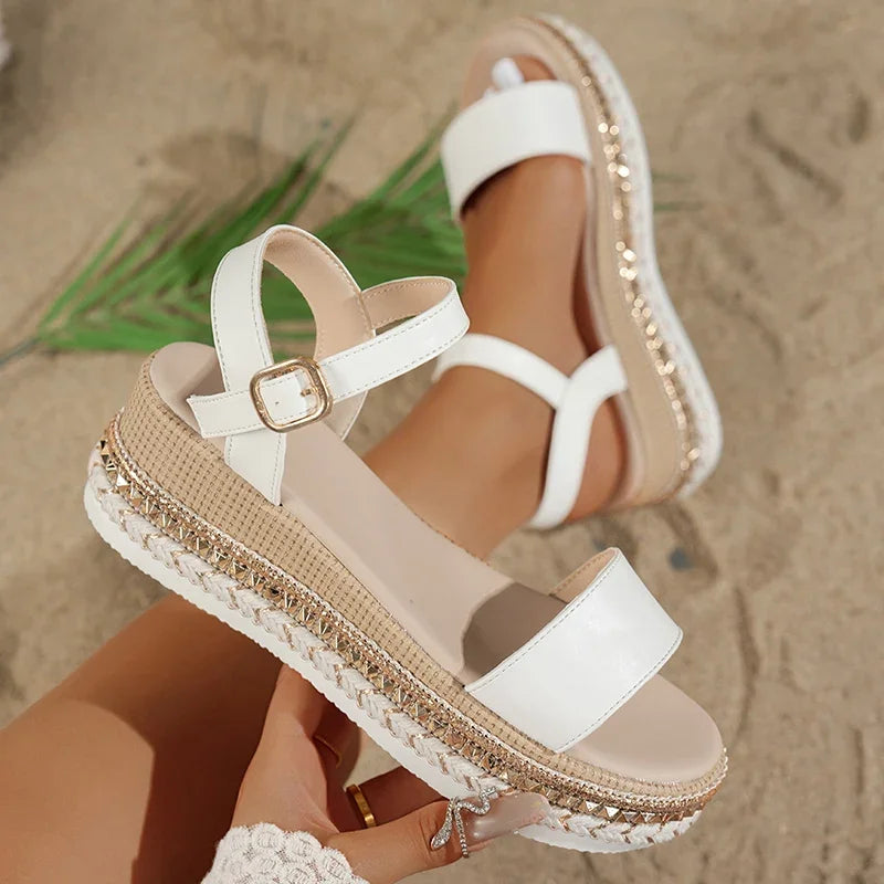 Women's Chunky Platform Sandals – Open Toe Rivet Wedges, Plus Size, Ankle Buckle