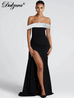 Dulzura Women's Slim Fit Maxi Dress – Off Shoulder Backless, Side Slit, Club & Party Wear Fashion Off Shoulder Backless Ruched Side Slit Slim Patchwork Long Dress Women'S Sexy Elegant Party Club Clothes